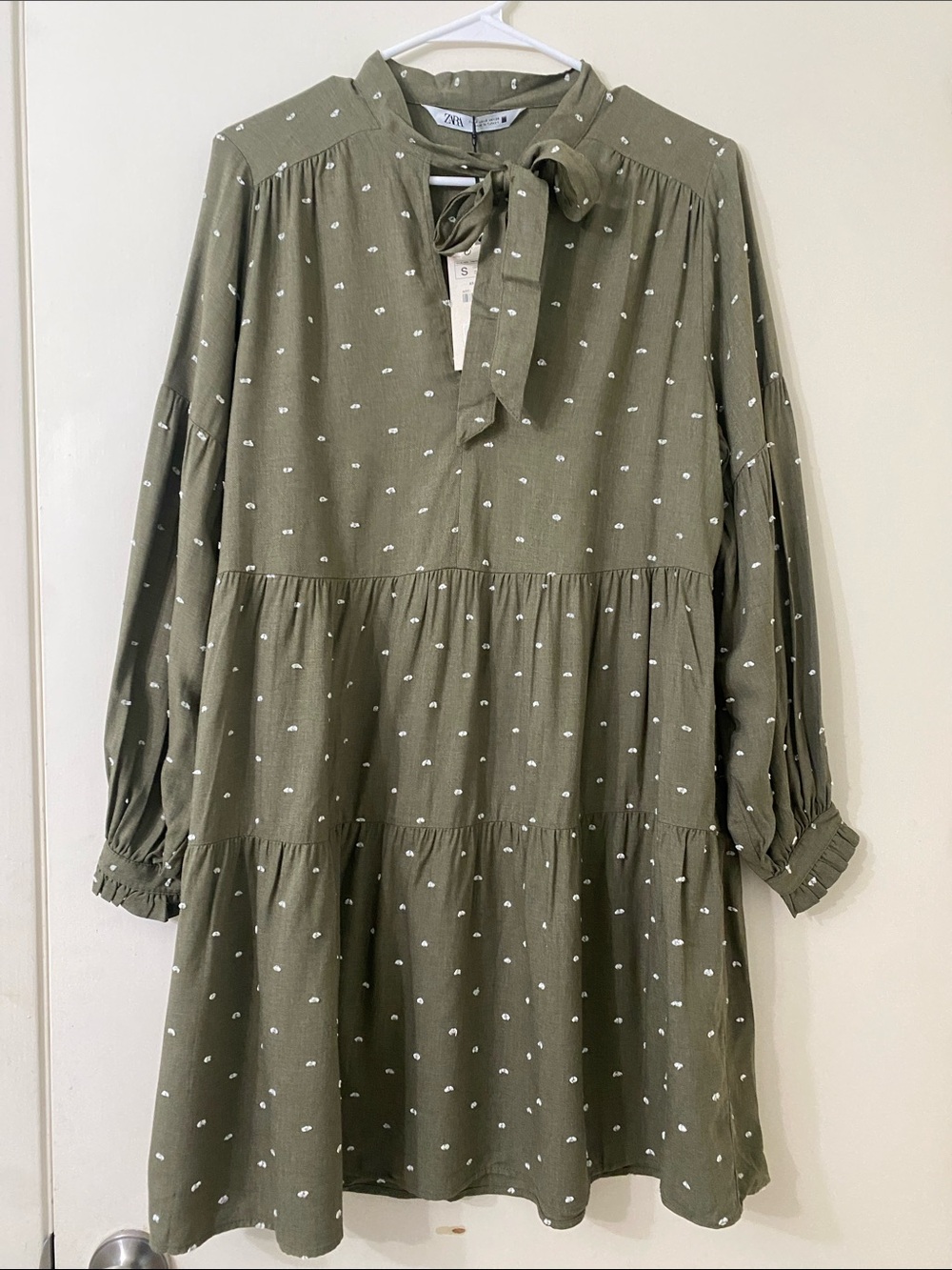 Zara Olive Green Long-Sleeve Tiered Dress with White Dot Print